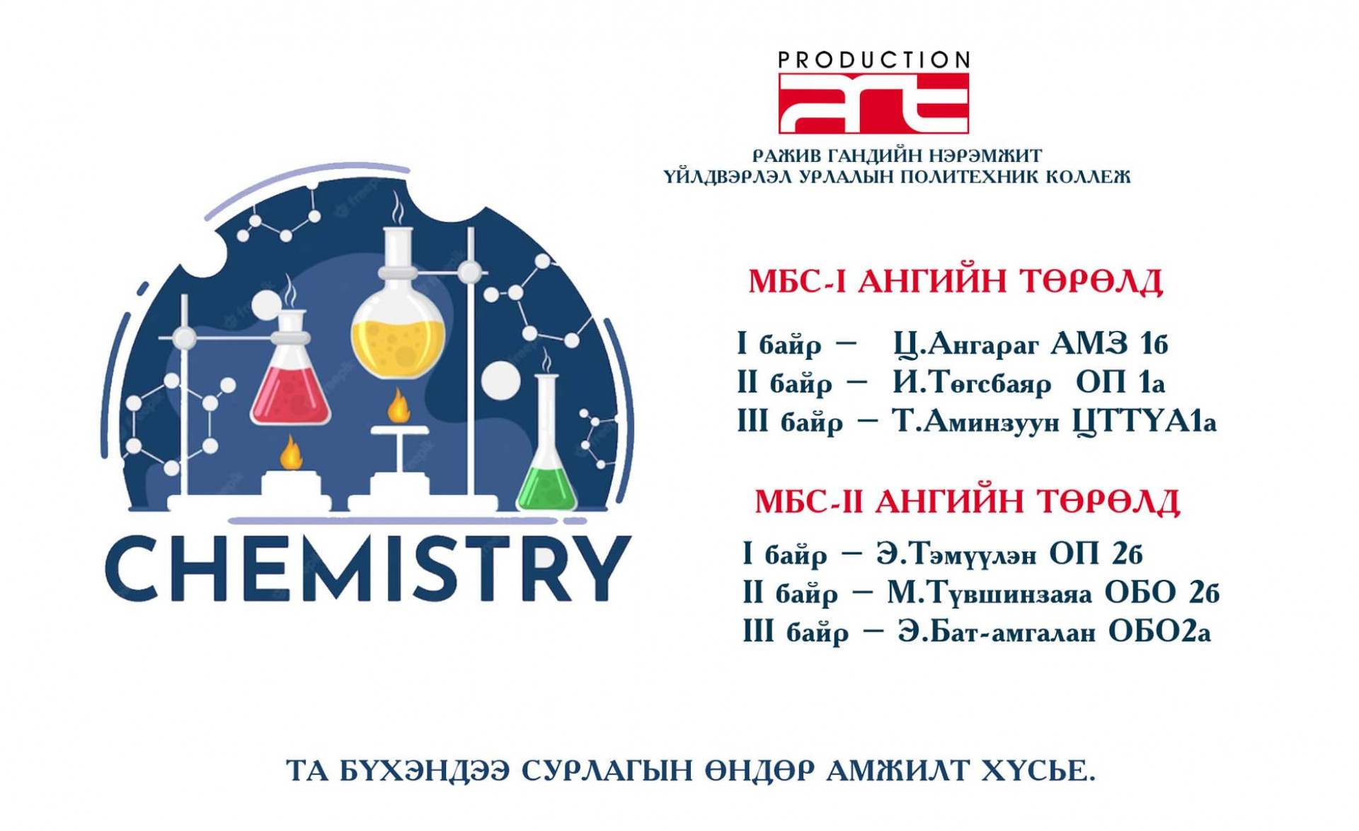 ХИМИЙН ОЛИМПИАДЫГ АМЖИЛТТАЙ ЗОХИОН БАЙГУУЛЛАА.